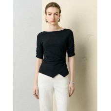 Boat Neck Ruched Sleeve Asymmetrical Top Boat Neck Ruched Sleeve Asymmetrical Top