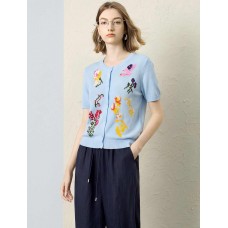 Sky Blue Floral Intarsia Short Sleeve Knit Cardigan Top