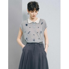 Contrast Collar Leaf Embroidery Sleeveless Knit Polo Top Contrast Collar Leaf Embroidery Sleeveless Knit Polo Top